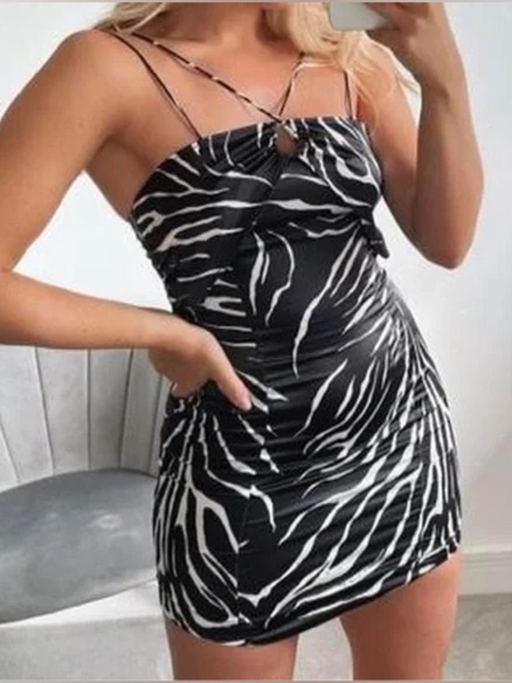 ZARA Zebra Print Satin Mini Dress Black White Strappy Back Sz L Party Vacation